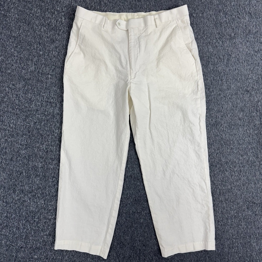 Britches Linen Blend Pants Men 34x25 Altered Ivory Flat Front Lightweight Summer